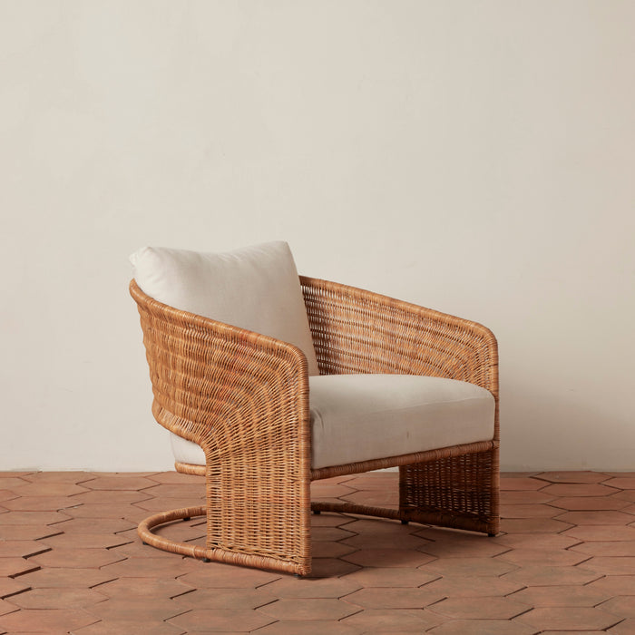Curved Rattan Lounge Chair with Linen Cushion