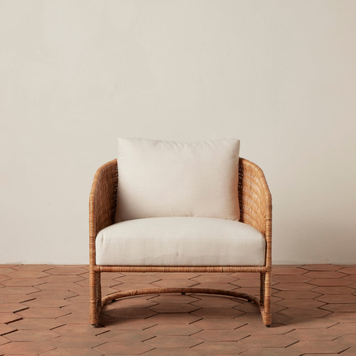Curved Rattan Lounge Chair with Linen Cushion