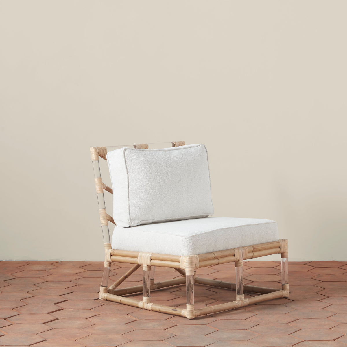 Rattan & Acrylic Slipper Chair with Bouclé Upholstery