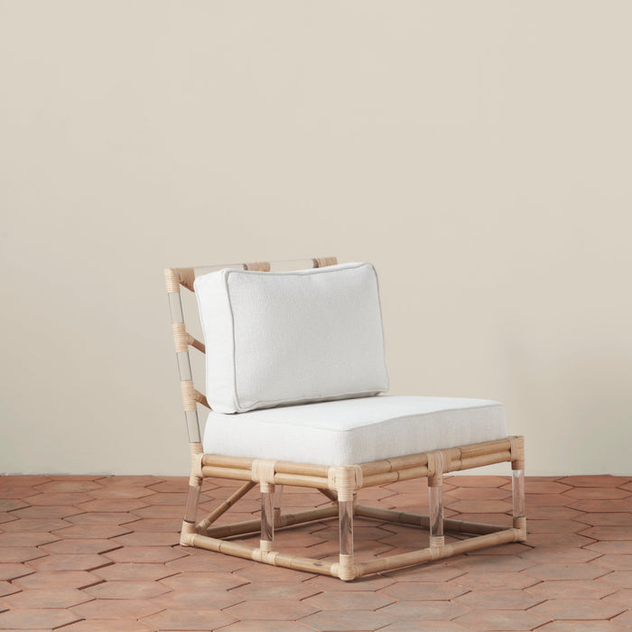 Rattan & Acrylic Slipper Chair with Bouclé Upholstery