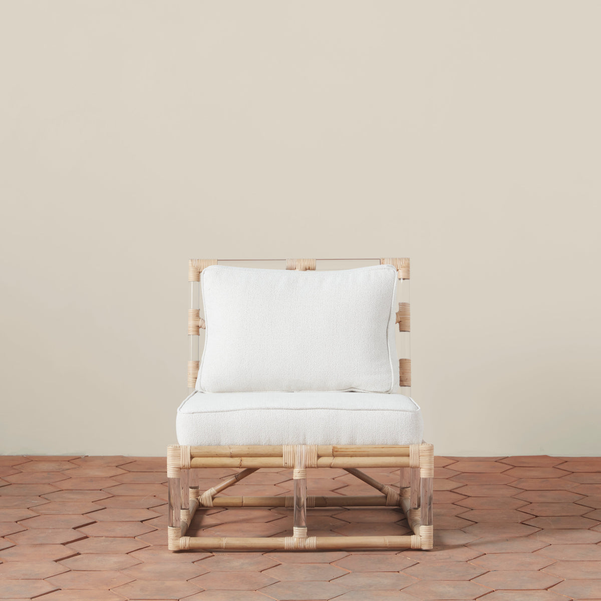 Rattan & Acrylic Slipper Chair with Bouclé Upholstery