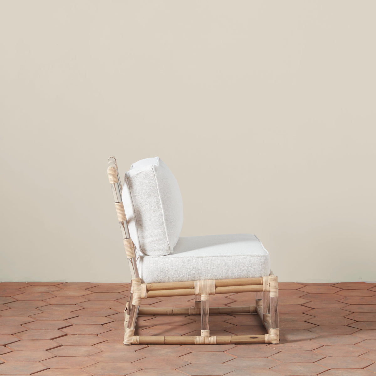 Rattan & Acrylic Slipper Chair with Bouclé Upholstery