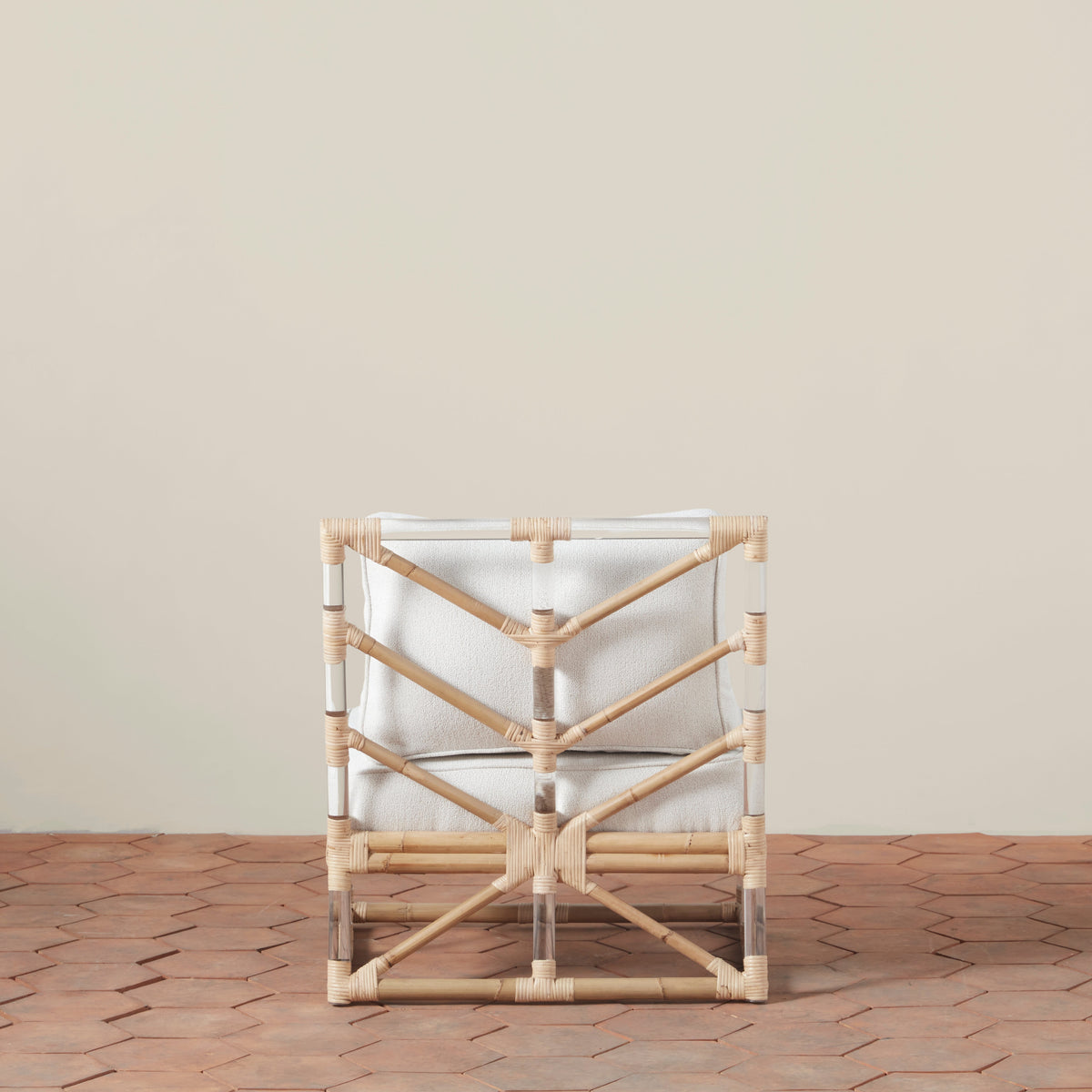 Rattan & Acrylic Slipper Chair with Bouclé Upholstery