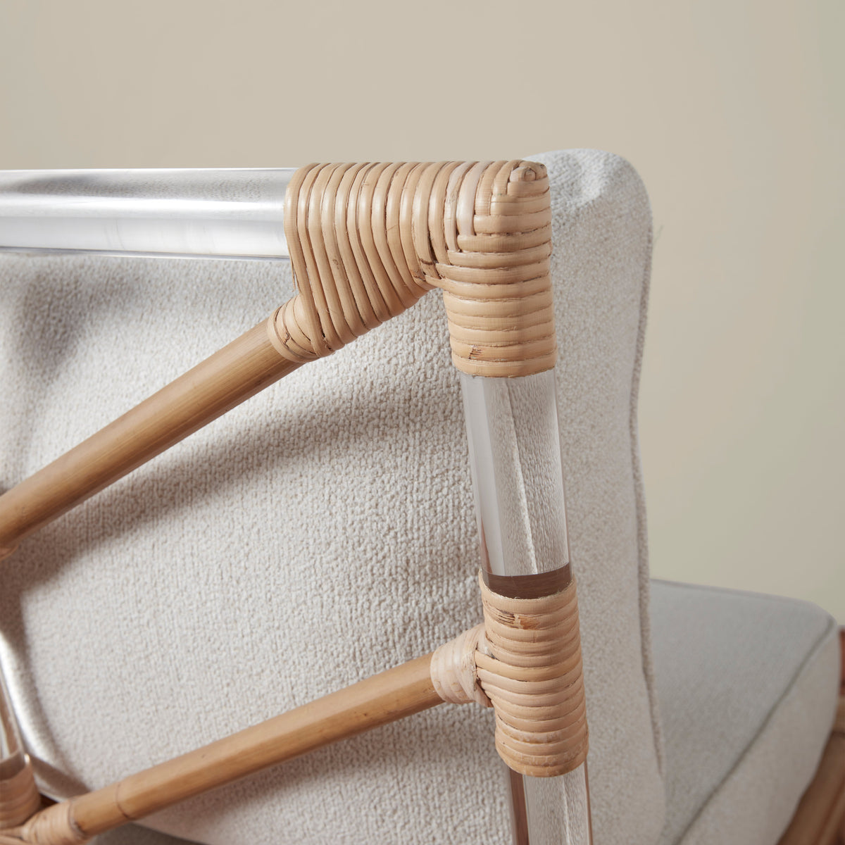 Rattan & Acrylic Slipper Chair with Bouclé Upholstery