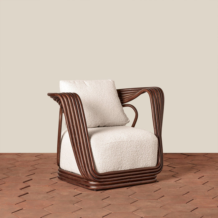 Sculptural Rattan Lounge Chair with Bouclé Cushion