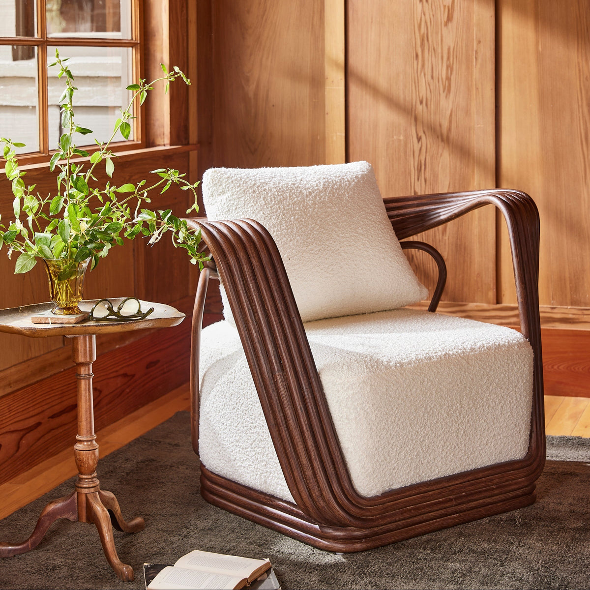 Sculptural Rattan Lounge Chair with Bouclé Cushion
