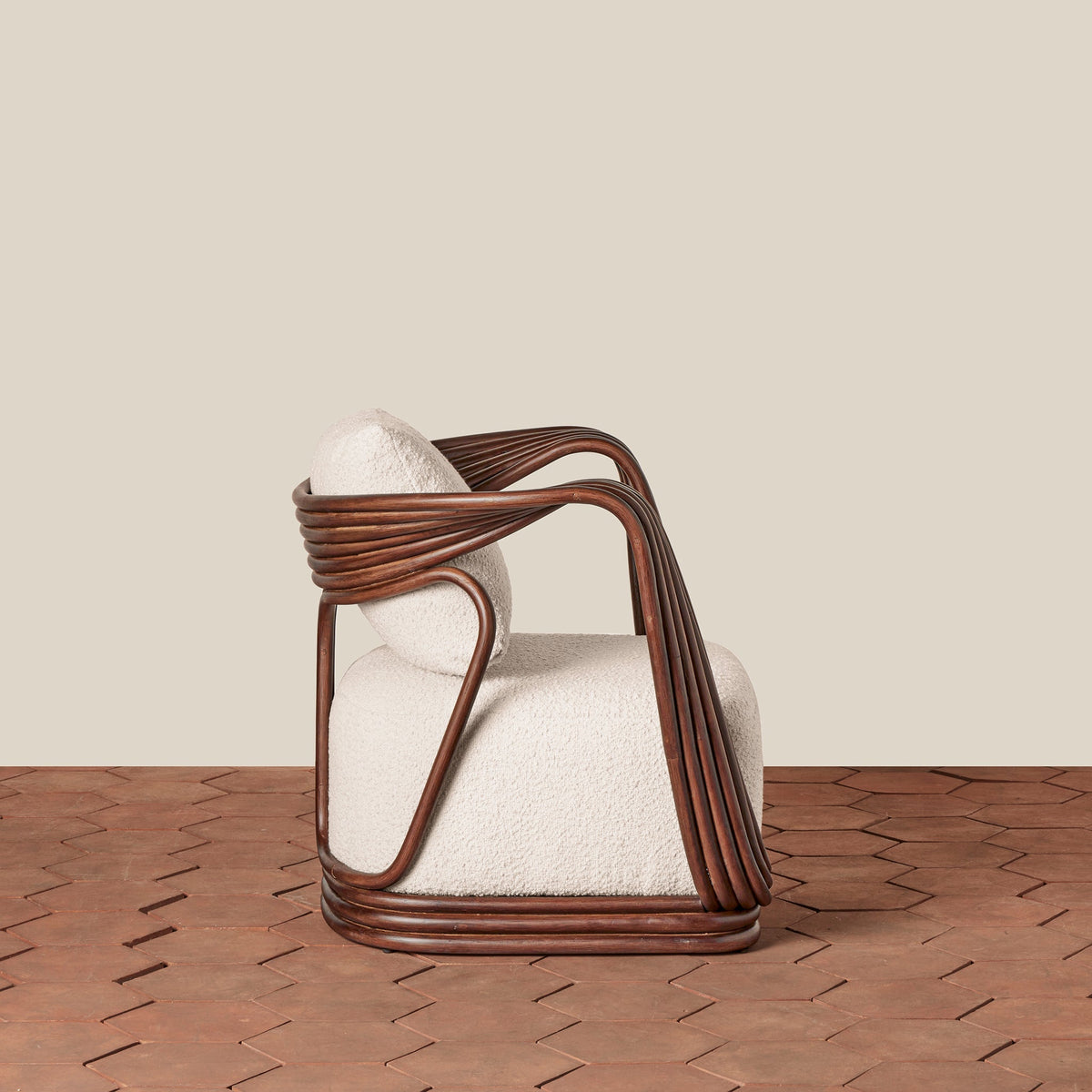 Sculptural Rattan Lounge Chair with Bouclé Cushion