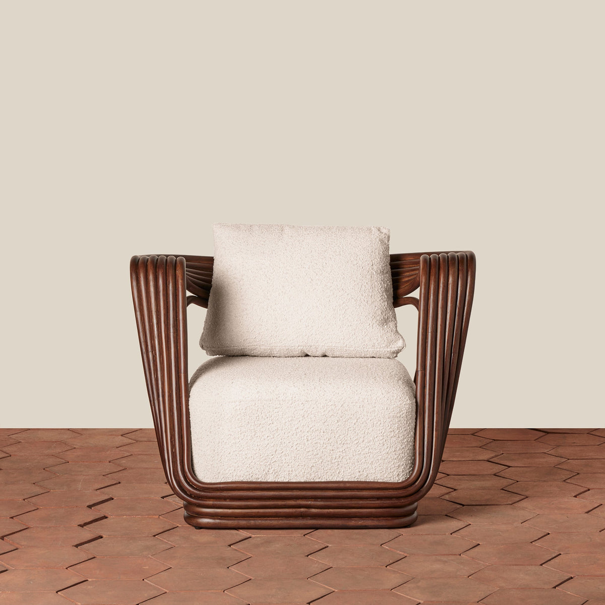 Sculptural Rattan Lounge Chair with Bouclé Cushion