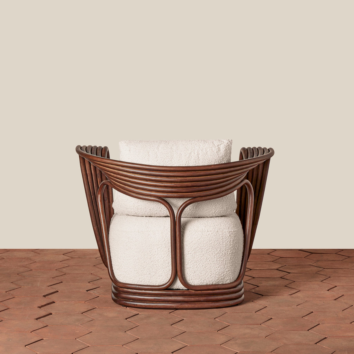 Sculptural Rattan Lounge Chair with Bouclé Cushion