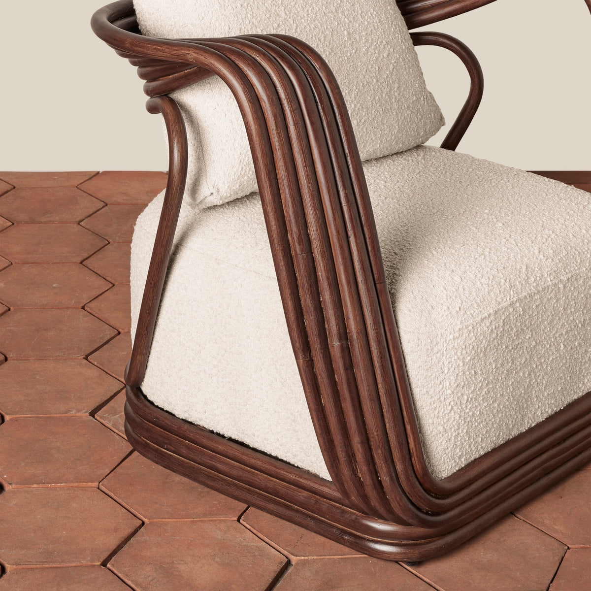 Sculptural Rattan Lounge Chair with Bouclé Cushion