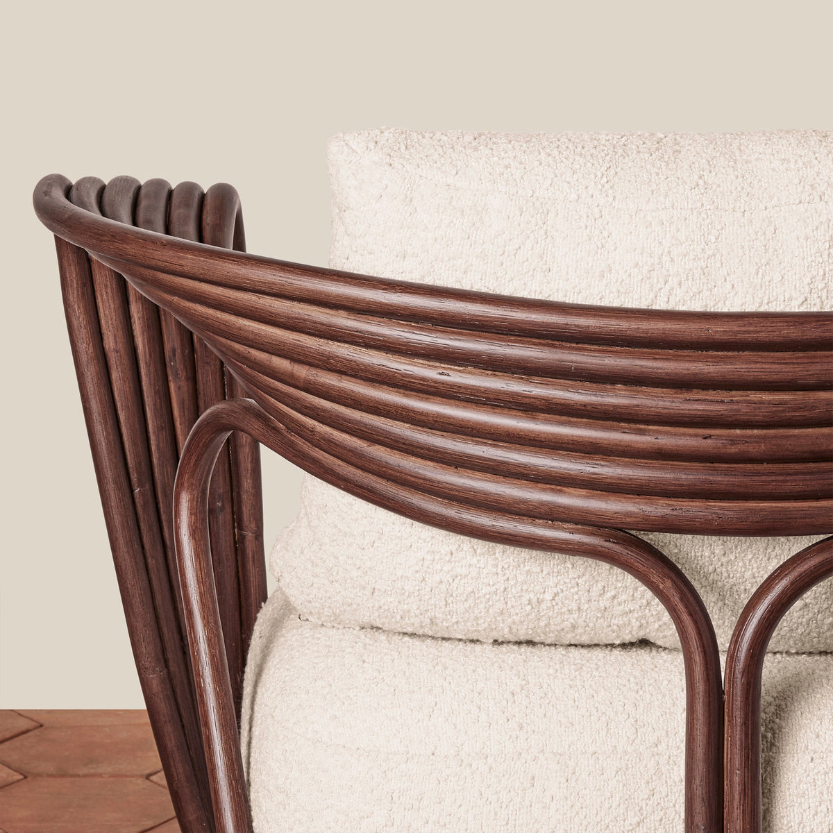 Sculptural Rattan Lounge Chair with Bouclé Cushion