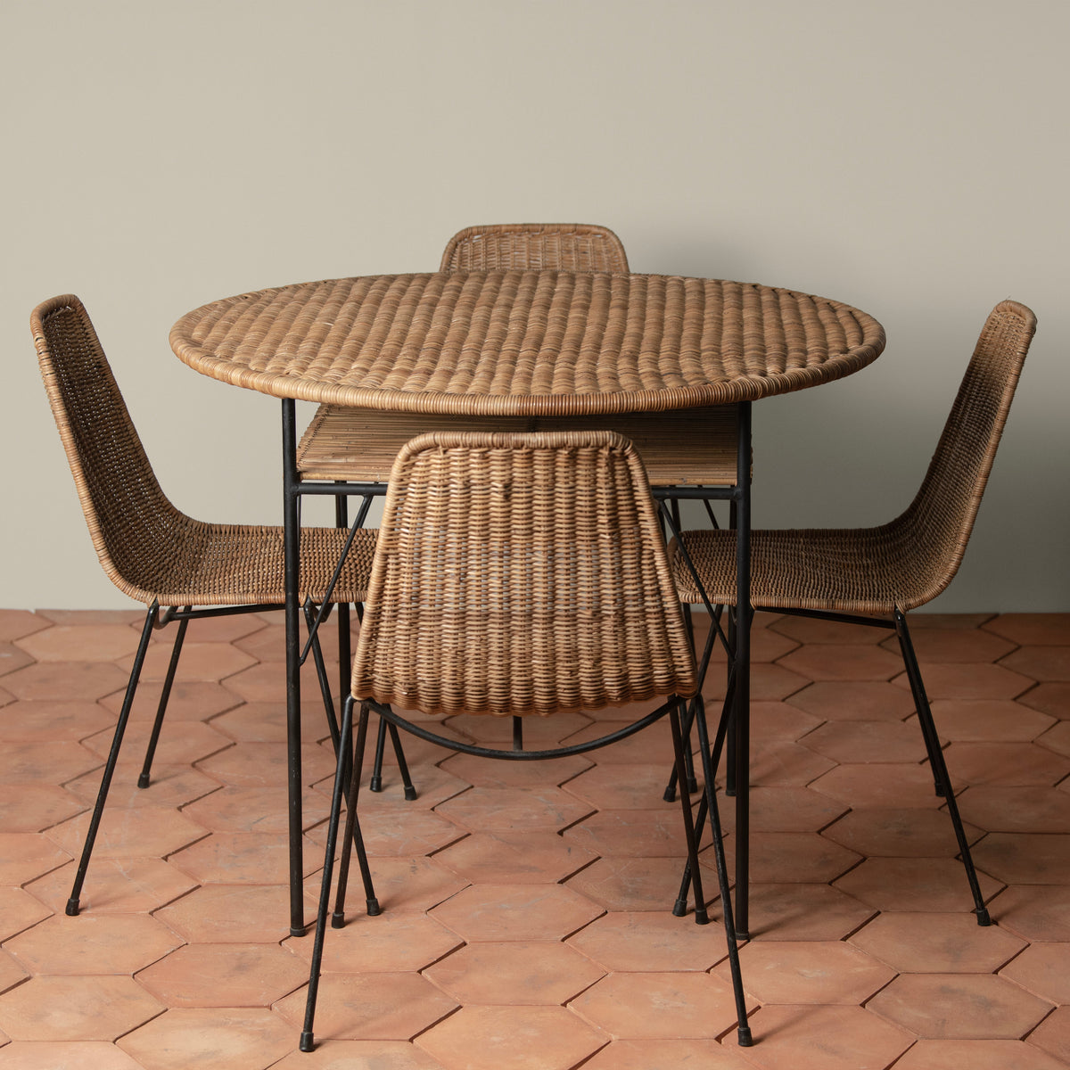 Vintage Italian Wicker & Iron Dining Set — 5 Pieces