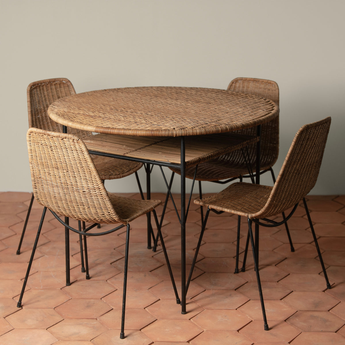Vintage Italian Wicker & Iron Dining Set — 5 Pieces
