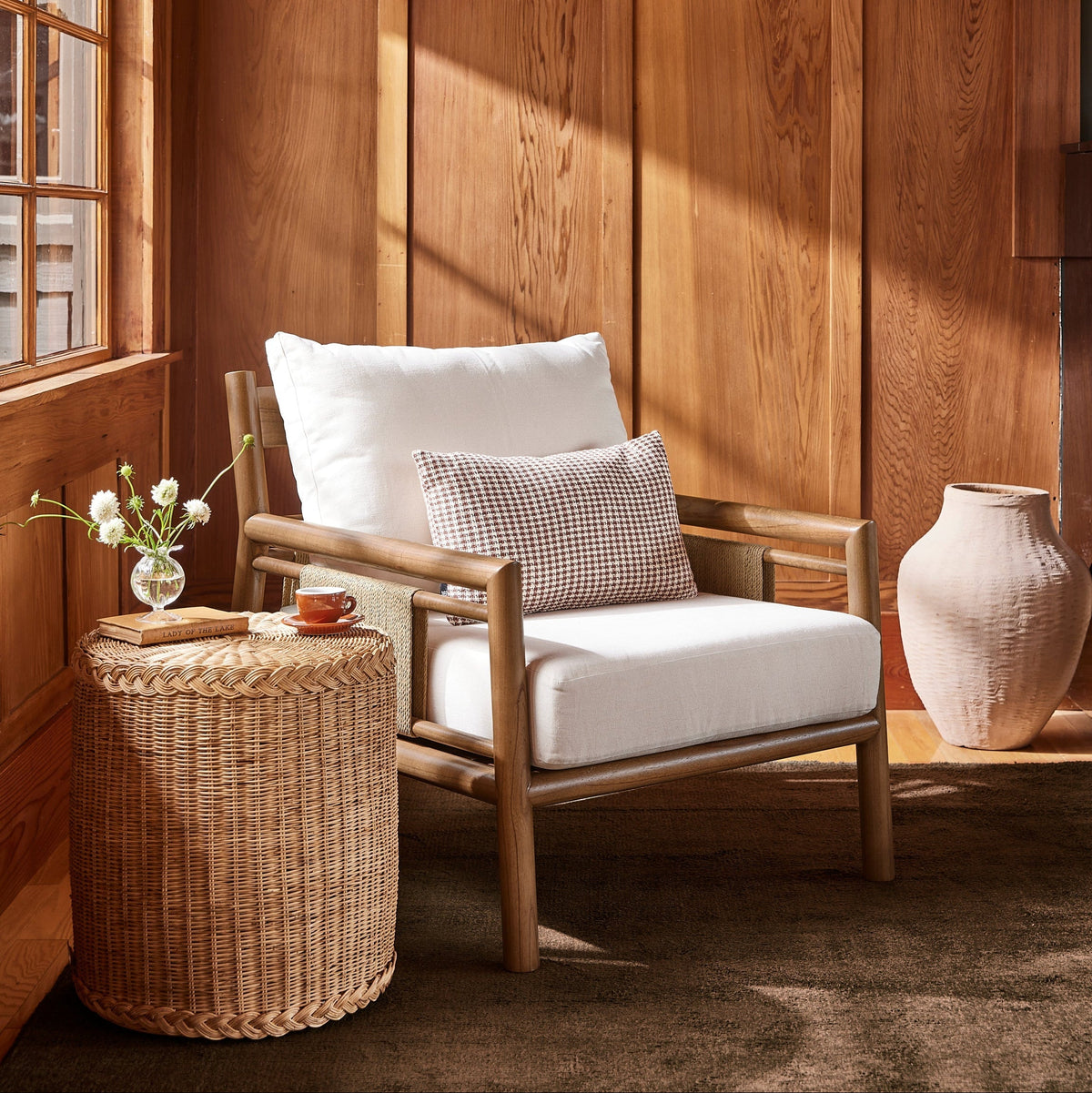 Wood & Danish Cord Lounge Chair with Linen Cushions